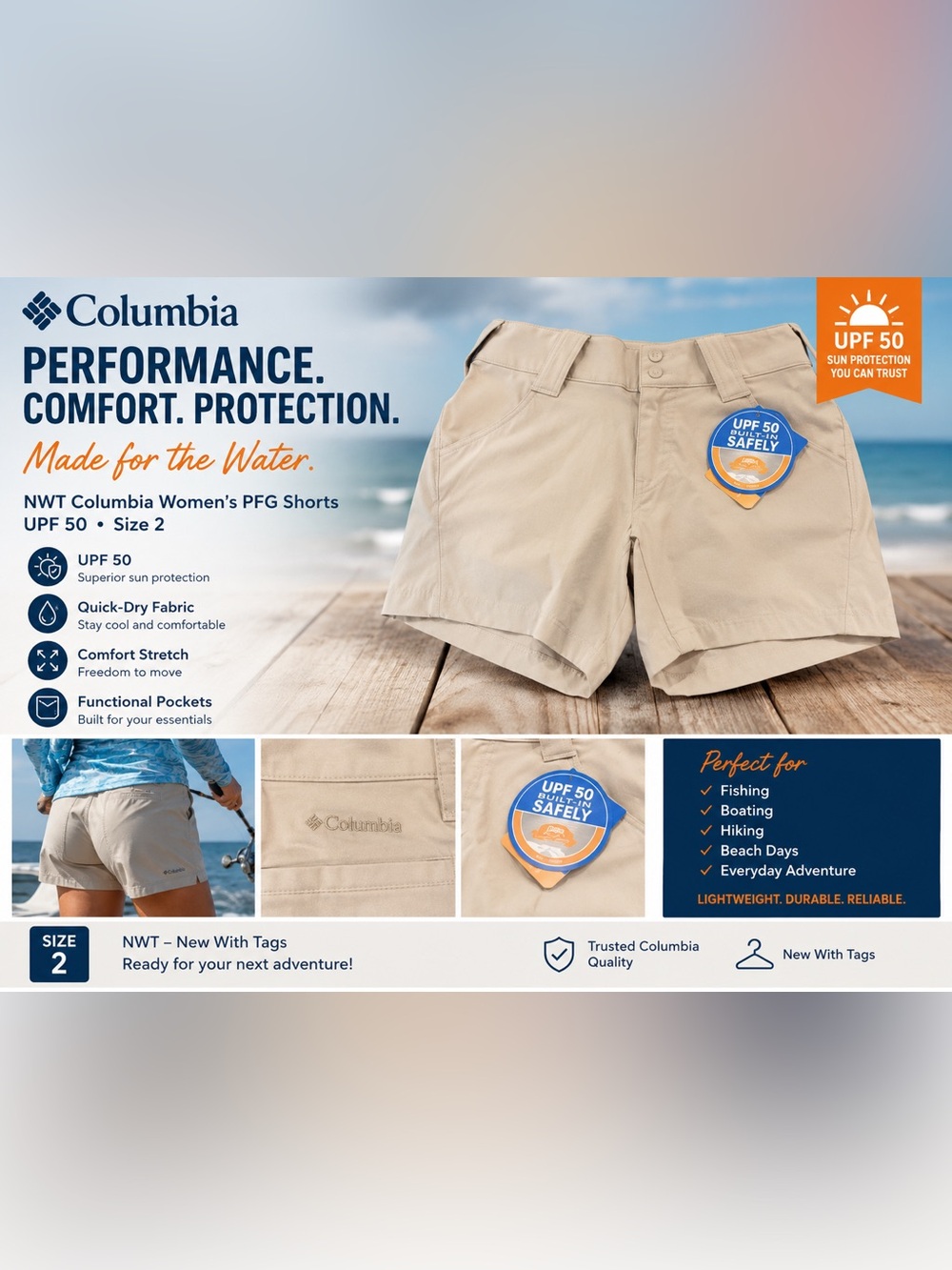 NWT Columbia Woman's PFG Performance Fishing Gear Shorts 5" Inseam UPF 50 Size 2